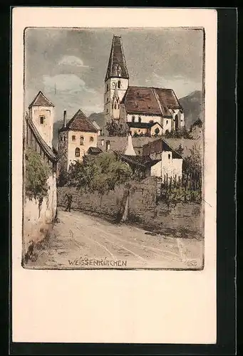 Künstler-AK Weissenkirchen, Strassenpartie mit Kirche