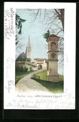 Künstler-AK Strassengel, Ortspartie mit Kirche