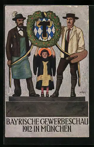 Künstler-AK München, Bayrische Gewerbeschau 1912, Münchner Kindl, Maler und Brauer