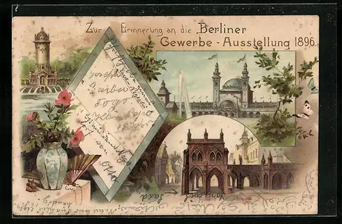 Lithographie Berlin, Gewerbe-Ausstellung 1896, Turm, Ausstellungshalle