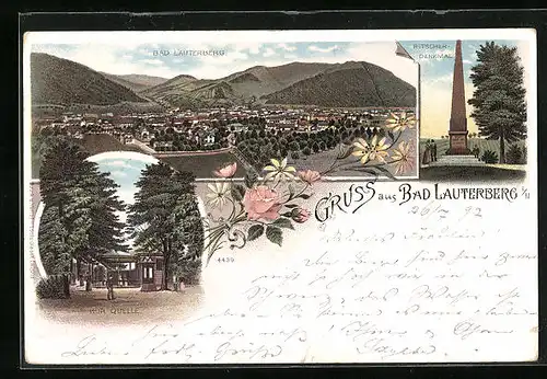 Lithographie Bad Lauterberg i. H., Kur-Quelle, Ritscher Denkmal, Panorama