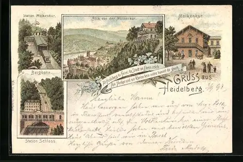 Lithographie Heidelberg, Gasthaus Molkenkur, Stationen der Bergbahn