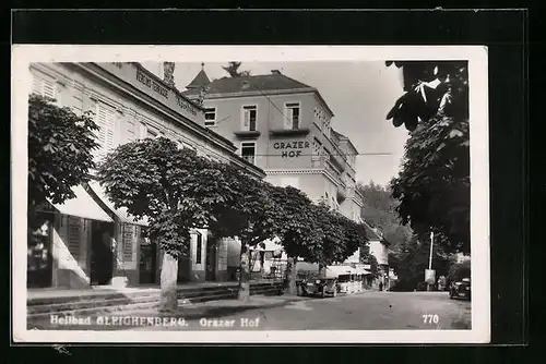 AK Gleichenberg, Strasse mit Apotheke, Vereins-Terrasse, Grazer Hof
