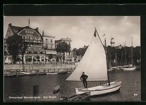 AK Warnemünde, Am Strom mit Bootsfahrer und Café Bechlin