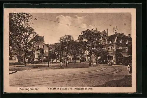 AK Recklinghausen, Halterner Strasse mit Kriegerdenkmal
