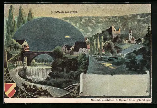 Lithographie Dill-Weissenstein, Ortsansicht mit Ruine und Kirche