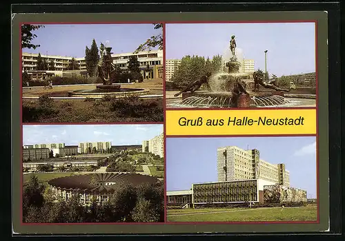 AK Halle-Neustadt, Brunnenansichten, Sportschule und Bildungszentrum