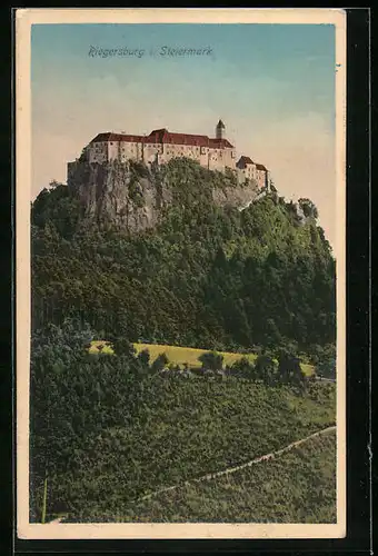 AK Riegersburg, blühendes Feld am Fusse der Burg