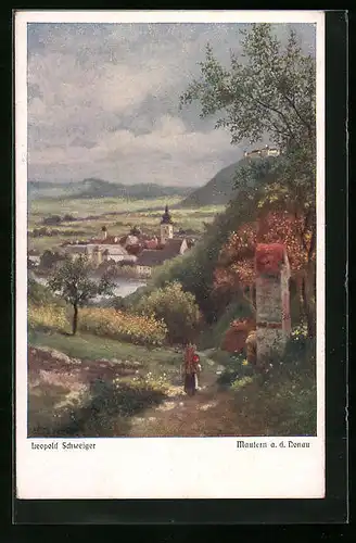 Künstler-AK Mautern /D., Ort mit Kirche aus der Vogelschau