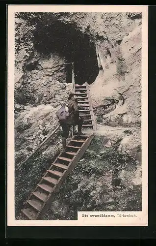 AK Muggendorf, Steinwandklamm, Wanderer auf Treppe zum Türkenloch