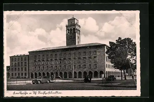 AK Karlsruhe i. B., Reichspostdirektion von der Strasse gesehen