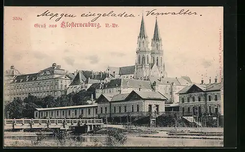 AK Klosterneuburg, Ortsansicht mit Kirche und Donau