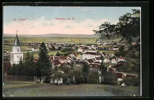 AK St. Andrä, Ortsansicht mit Kirche und Hügeln