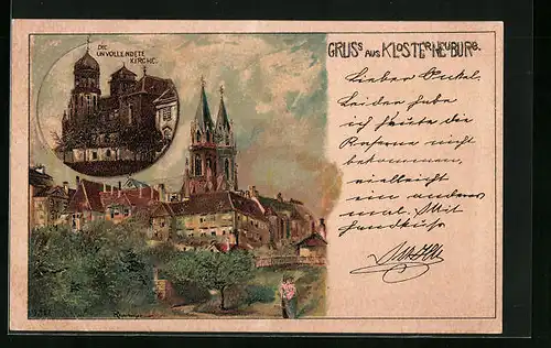 AK Klosterneuburg, Die unvollendete Kirche und Ortsansicht mit Stiftskirche