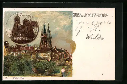 AK Klosterneuburg, Ortsansicht mit Stiftskirche und der unvollendeten Kirche