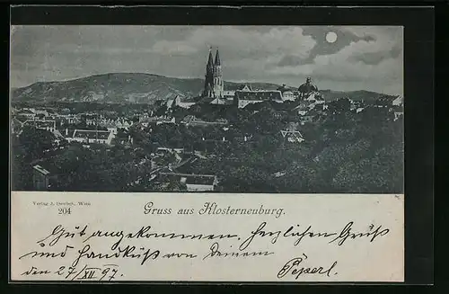 Mondschein-AK Klosterneuburg, Ortsansicht mit Stiftskirche