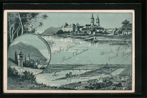AK Klosterneuburg, Flusspartie mit Stiftskirche und Kahlenbergerdörfl