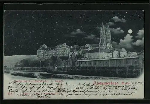 Mondschein-AK Klosterneuburg, Ortsansicht mit Stiftskirche