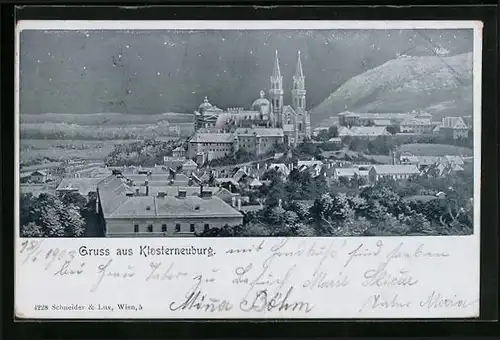 AK Klosterneuburg, Ortsansicht mit Kirche unter Sternenhimmel
