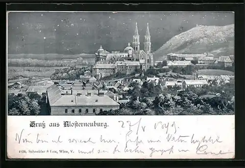 AK Klosterneuburg, Ortsansicht mit Stiftskirche bei Nacht