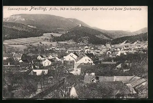 AK Piesting, Ortsansicht gegen Hohe Wand und Ruine Starhemberg