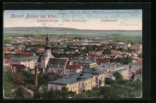 AK Baden b. Wien, Stadtpfarrkirche, Städt. Kuranstalt und Stadttheater