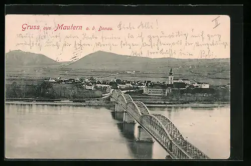 AK Mautern /Donau, Ortspartie hinter der Brücke