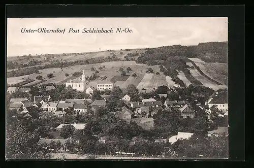 AK Unten-Olberndorf /Schleinbach, Ort mit Kirche, Feldlandschaft