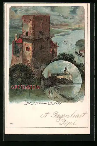 Lithographie Grefenstein, Burg an der Donau