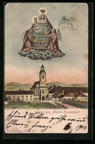 Künstler-AK Maria-Enzersdorf, Kirche, Maria mit Engeln
