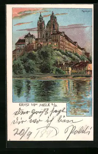 Lithographie Melk /Donau, Schloss am Fusse der Donau
