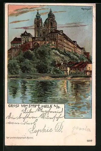 Lithographie Melk /Donau, Stift mit Doppelturm