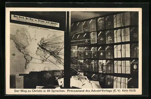 AK Köln, Pressastand des Advent-Verlags 1928