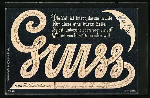 AK Grusskarte für Schreibfaule mit Mondsichel