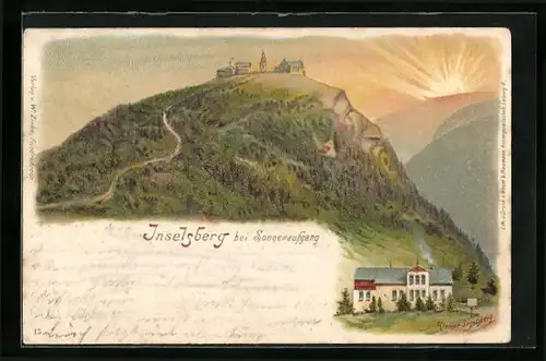 Lithographie Inselsberg bei Sonnenaufgang, Berg mit Gesicht, Berggesichter