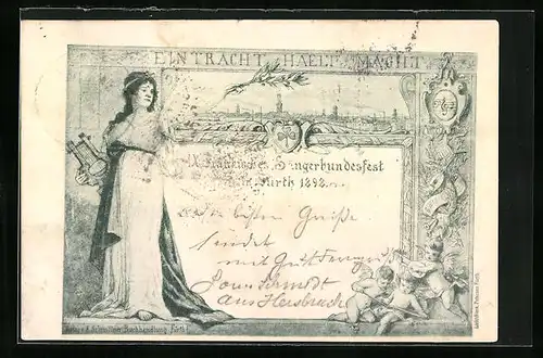 Künstler-AK Fürth, Sängerfest 1898 - Frau mit Harfe, Ortsansicht, Engel