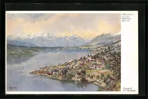 Künstler-AK Millstatt am See, Ortsansicht aus der Vogelschau mit See und Alpenpanorama