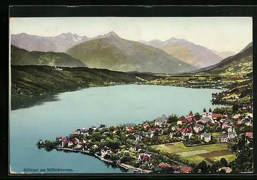 AK Millstatt am See, Ortsansicht mit See und Berggipfeln