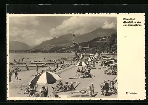 AK Millstatt am See, Strandbad mit Sonnenschirmen und Sprungturm