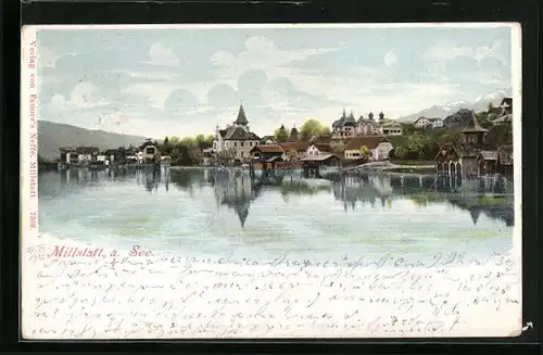 AK Millstatt am See, Panorama mit Spiegelung im Wasser