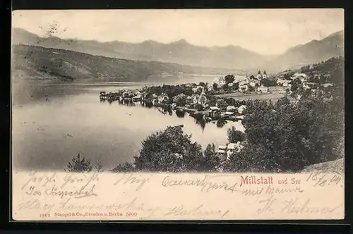 AK Millstatt am See, Ortsansicht mit Bergpanorama