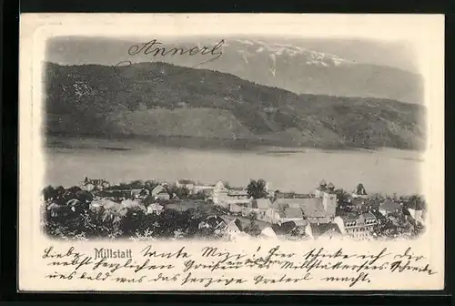 Präge-AK Millstatt am See, Ortsansicht aus der Vogelschau mit Bergpanorama