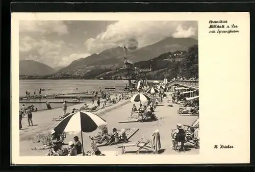AK Millstatt am See, Strandbad mit Sonnenschirmen und Turm