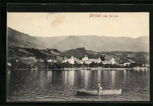 AK Millstatt am See, Ortsansicht vom See aus, mit Ruderboot