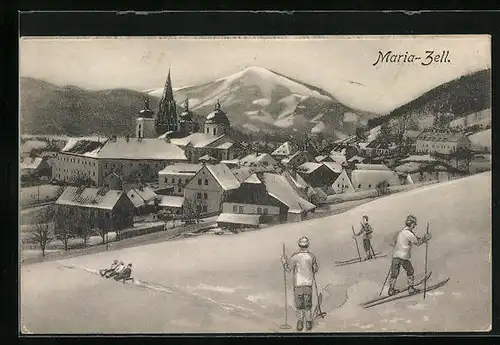 Künstler-AK Maria-Zell, Skiurlauber auf der Piste, Kirche