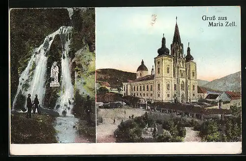 AK Maria Zell, Wasserfall, Kirche mit Doppelturmfassade