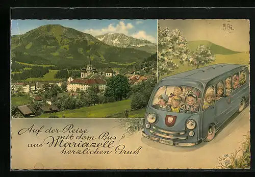 AK Mariazell, Ort vor Oetscher, Gemeindealpe, Reisebus mit Kindern