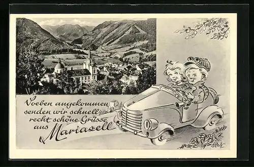 AK Mariazell, Ortspartie vor Bergpanorama