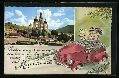 AK Mariazell, Marktstände vor der Wallfahrtskirche