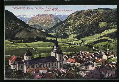 AK Mariazell, Seitenansicht der Kirche aus der Vogelschau